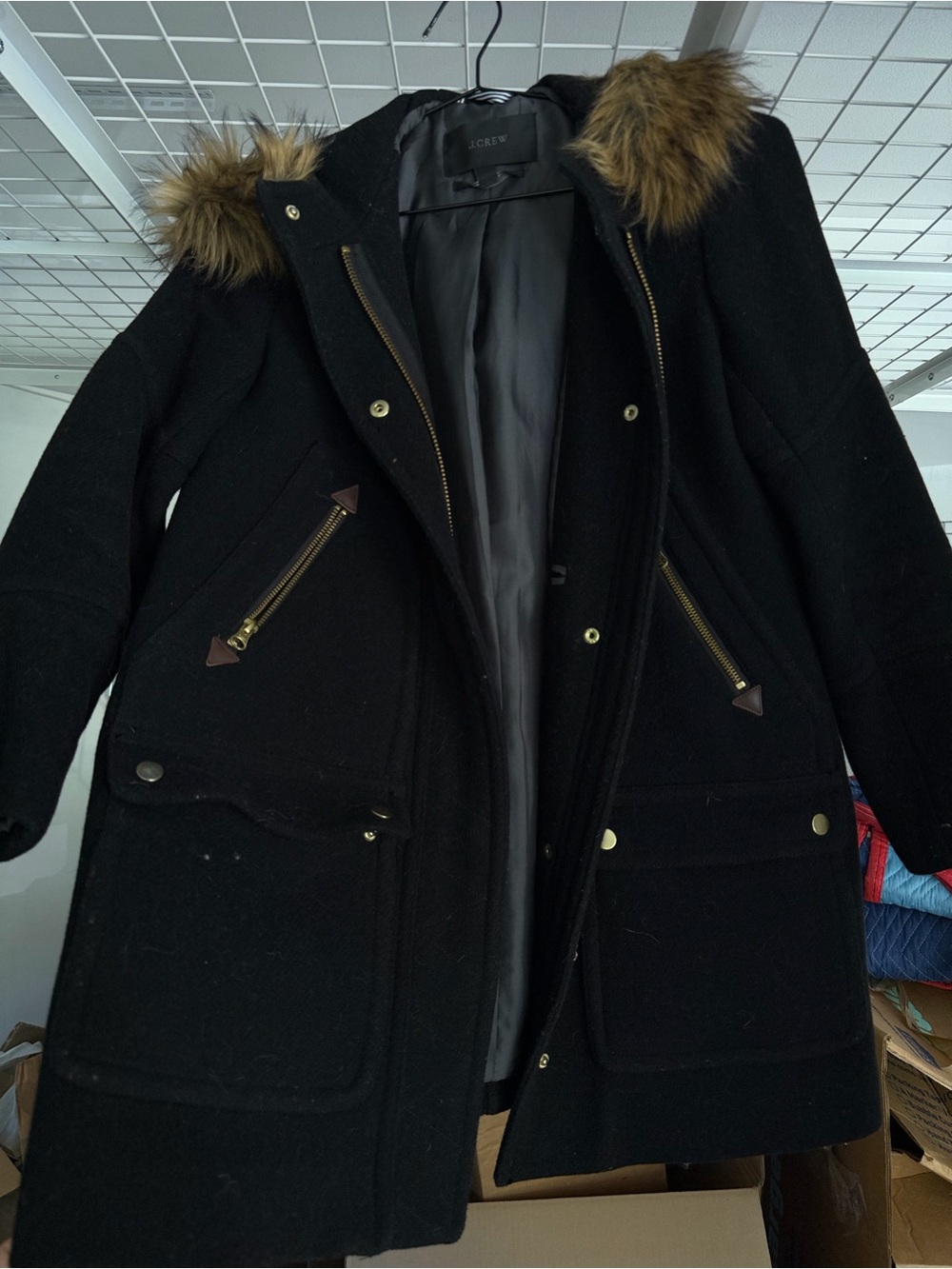 J. Crew Black Wool-Blend Peacoat with Faux Fur Hood Trim